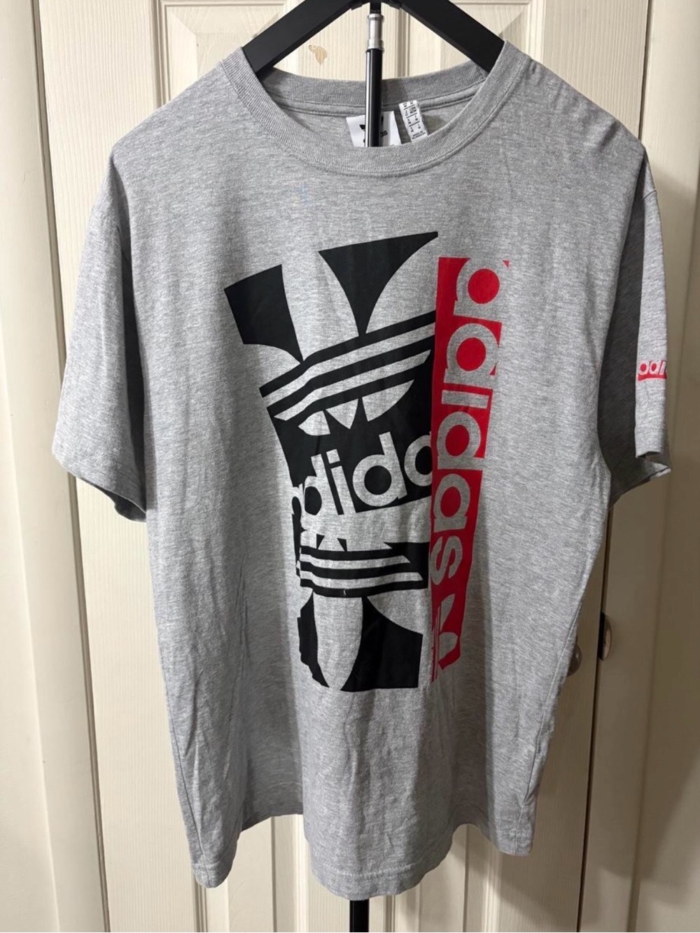adidas Gray Short Sleeve Tee with Black and Red Logo